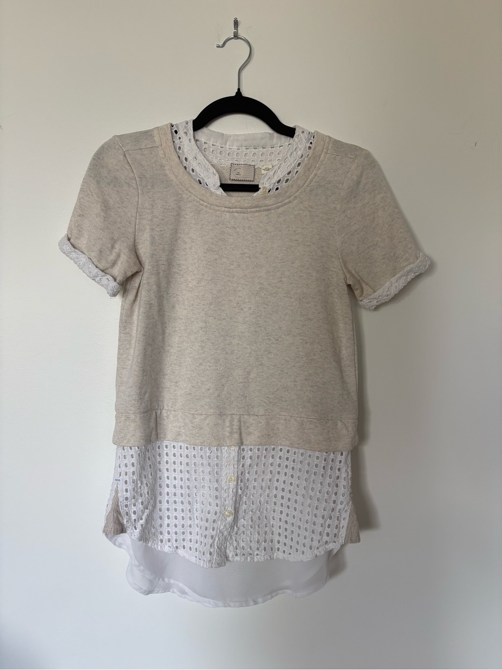 Anthropologie Cream Layered Eyelet Pullover Blouse